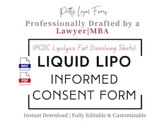 Termo de Consentimento Informado para Lipoaspiração Líquida, Injeções para Dissolução de Gordura, Modelo de Consentimento, Formulários de Spa Médico para Injeções de Lipólise, Injeções Estéticas para Injetores.