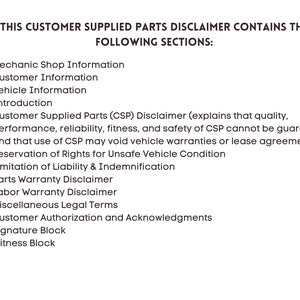 Customer Supplied Parts Disclaimer Template Mechanic Waiver Form Auto