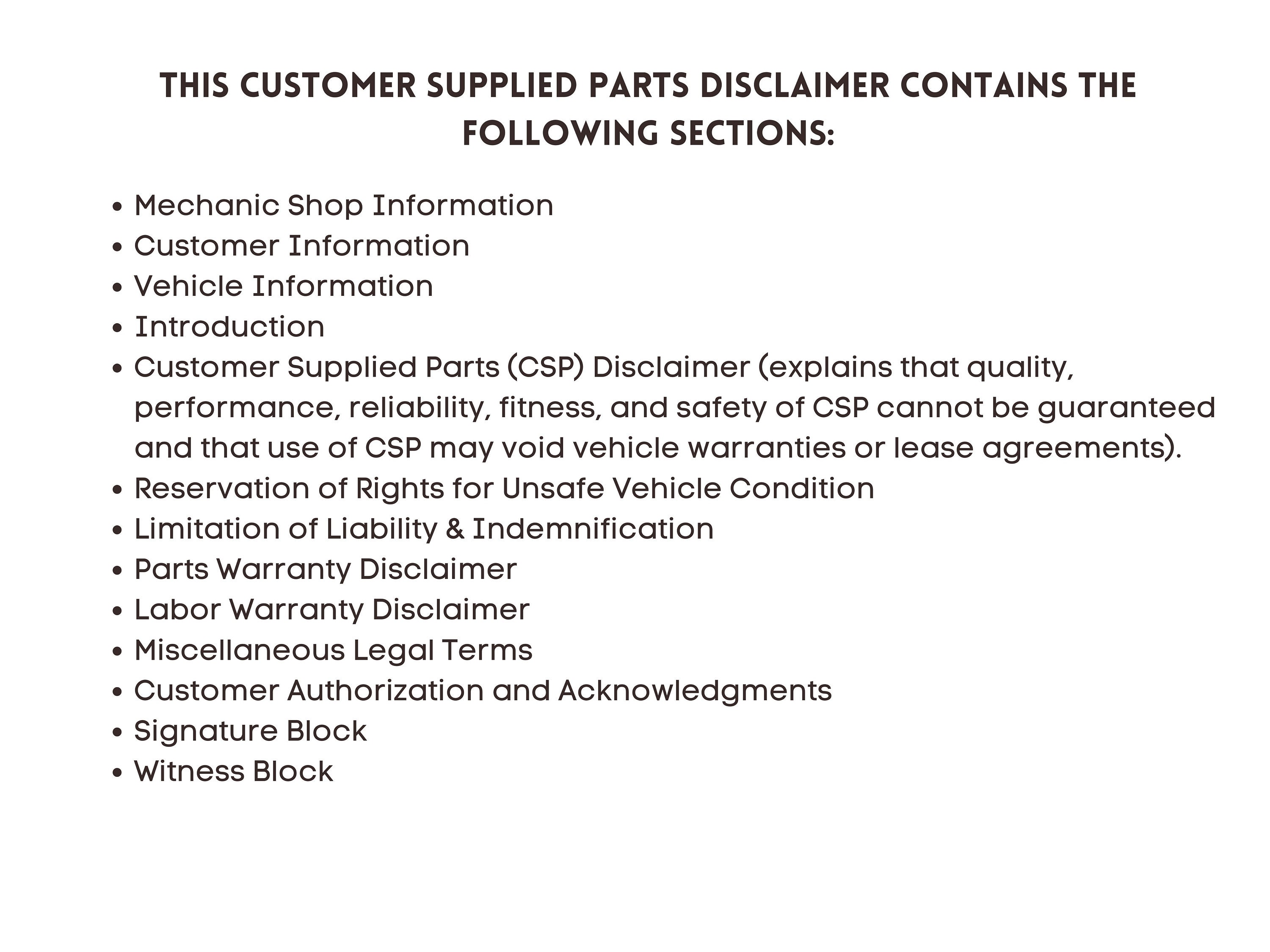 Customer Supplied Parts Disclaimer Template Mechanic Waiver Form Auto