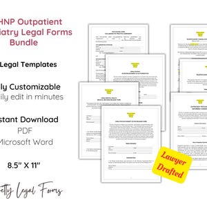 May include: A set of seven printable legal forms for outpatient mental health practitioners. The forms are fully customizable and can be edited in minutes. The forms are available in PDF and Microsoft Word formats and are 8.5 inches by 11 inches. The forms are lawyer drafted and include a variety of topics such as informed consent, release of information, and HIPAA compliance.