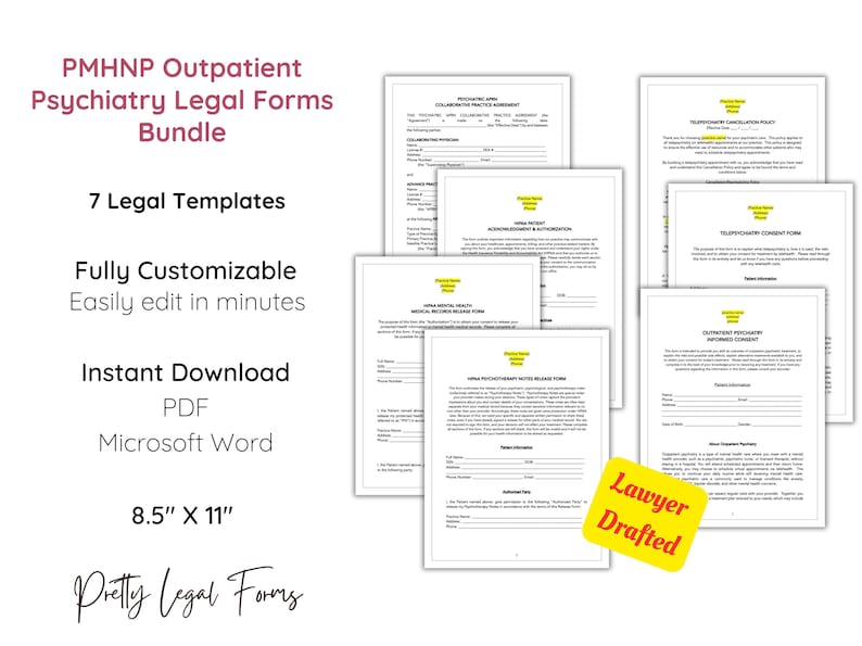 May include: A set of seven printable legal forms for outpatient mental health practitioners. The forms are fully customizable and can be edited in minutes. The forms are available in PDF and Microsoft Word formats and are 8.5 inches by 11 inches. The forms are lawyer drafted and include a variety of topics such as informed consent, release of information, and HIPAA compliance.