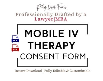 Formulario de consentimiento informado para terapia intravenosa móvil. Plantilla de consentimiento del paciente para hidratación intravenosa. Formularios de goteo intravenoso de vitaminas para el personal de enfermería de infusión de spa médico.