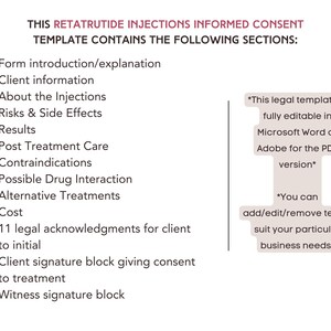 May include: A white document with the title "THIS RETATRUTIDE INJECTIONS INFORMED CONSENT TEMPLATE". The document lists sections including client information, risks, results, and cost. Text states the template is editable in Microsoft Word or PDF.