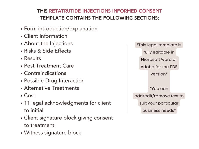 May include: A white document with the title "THIS RETATRUTIDE INJECTIONS INFORMED CONSENT TEMPLATE". The document lists sections including client information, risks, results, and cost. Text states the template is editable in Microsoft Word or PDF.