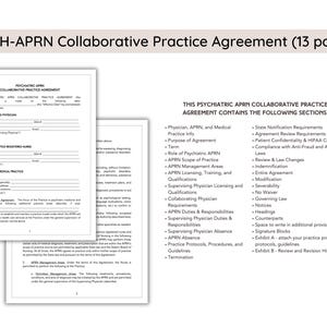 May include: A black and white document titled "Psychiatric APRN Collaborative Practice Agreement" with a list of sections included in the agreement. The document is 13 pages long.