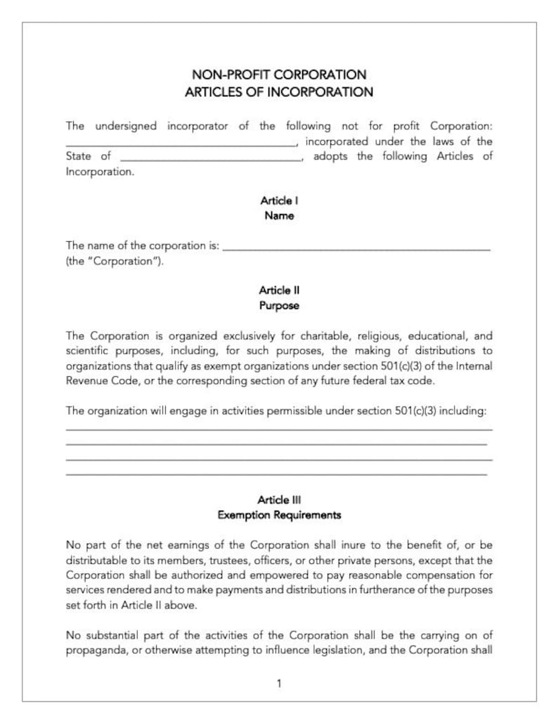 Non Profit Articles of Incorporation Template, 501c3 Articles, Non Non Profit Articles of Incorporation Template, 501c3 Articles, Non