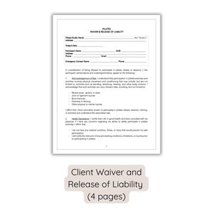 Puede incluir: Un formulario de exenci&oacute;n y liberaci&oacute;n de responsabilidad de Pilates, titulado "PILATES WAIVER & RELEASE OF LIABILITY". El formulario incluye secciones para el nombre del estudio, la direcci&oacute;n y la informaci&oacute;n del participante. El texto en la parte inferior dice "Client Waiver and Release of Liability (4 pages)".