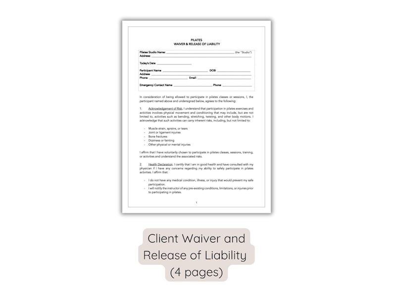Puede incluir: Un formulario de exenci&oacute;n y liberaci&oacute;n de responsabilidad de Pilates, titulado "PILATES WAIVER & RELEASE OF LIABILITY". El formulario incluye secciones para el nombre del estudio, la direcci&oacute;n y la informaci&oacute;n del participante. El texto en la parte inferior dice "Client Waiver and Release of Liability (4 pages)".