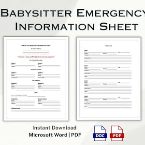 Babysitter Emergency Contact Info Sheet, In Case of Emergency Form for Babysitter, Nanny Emergency Information Child Sheet Editable Template