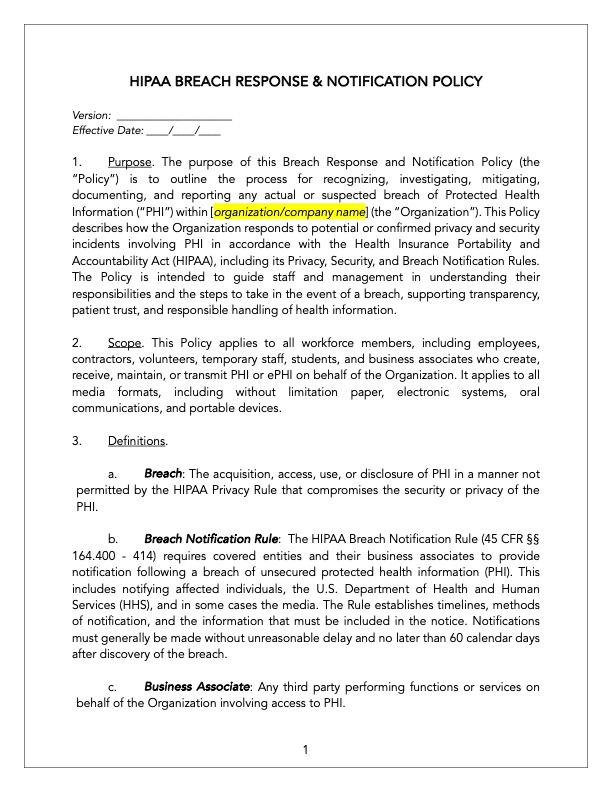 Noification Policy Examples HIPAA Breach Response and Notification Policy Template, HIPAA Policies ...