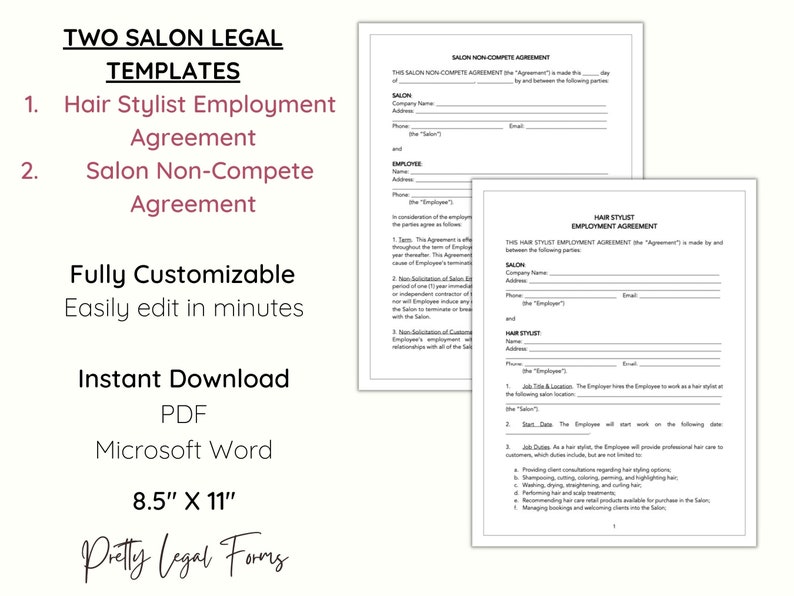 Hair Stylist Employment Agreement and Non Compete, SALON Business Forms Bundle, Hair Salon Legal