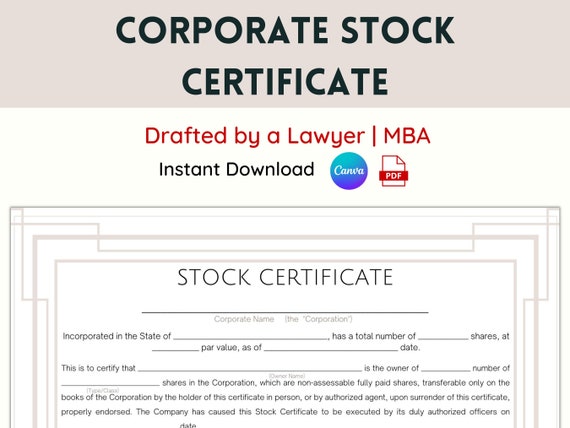 Certificate of Stock Editable Stock Certificate Template Certificate of Shares  Stock Market Gifts Stock Template Share of Stock -  Canada