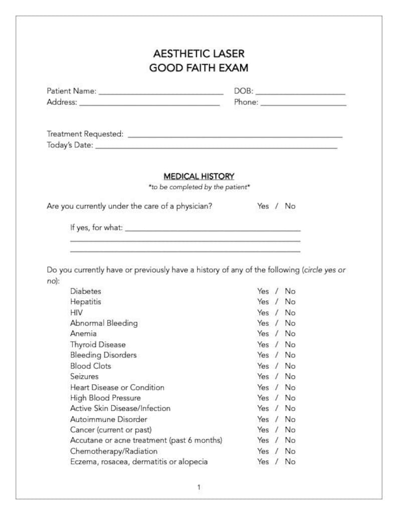Aesthetic Laser Good Faith Exam Template for Medical Spas and Cosmetic Laser Technicians Med Spa ...