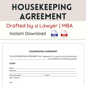 Housekeeping Contract Template | Cleaning Service Agreement | Housekeeper Agreement Legal Template | Editable House Cleaning Contract