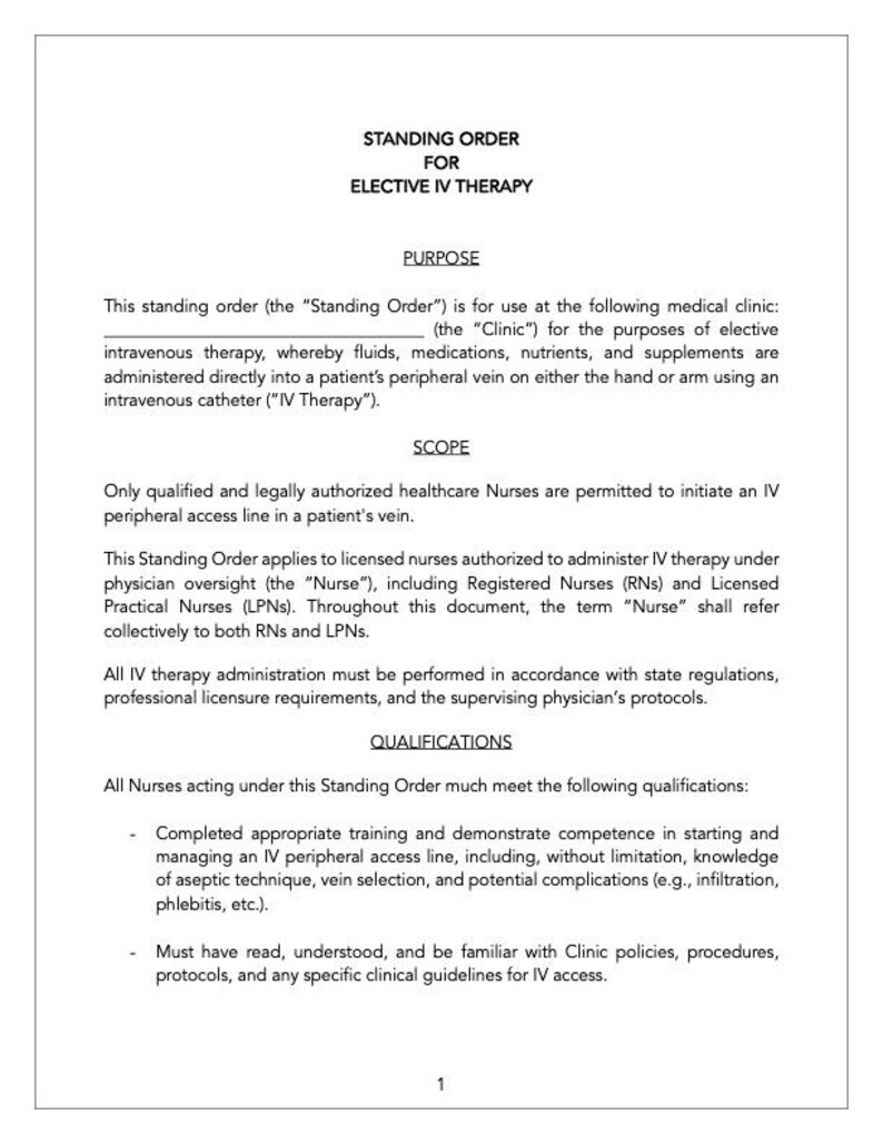 Elective IV Therapy Standing Order Template IV Infusion Protocol IV ...