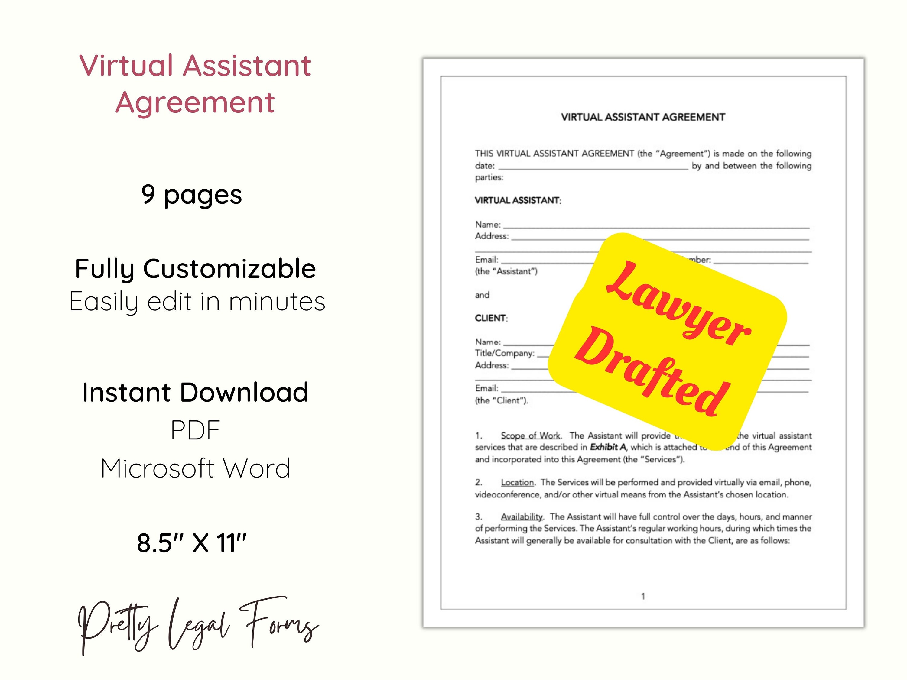 Virtual Assistant Agreement, VA Hiring Contract, Remote Work Agreement ...
