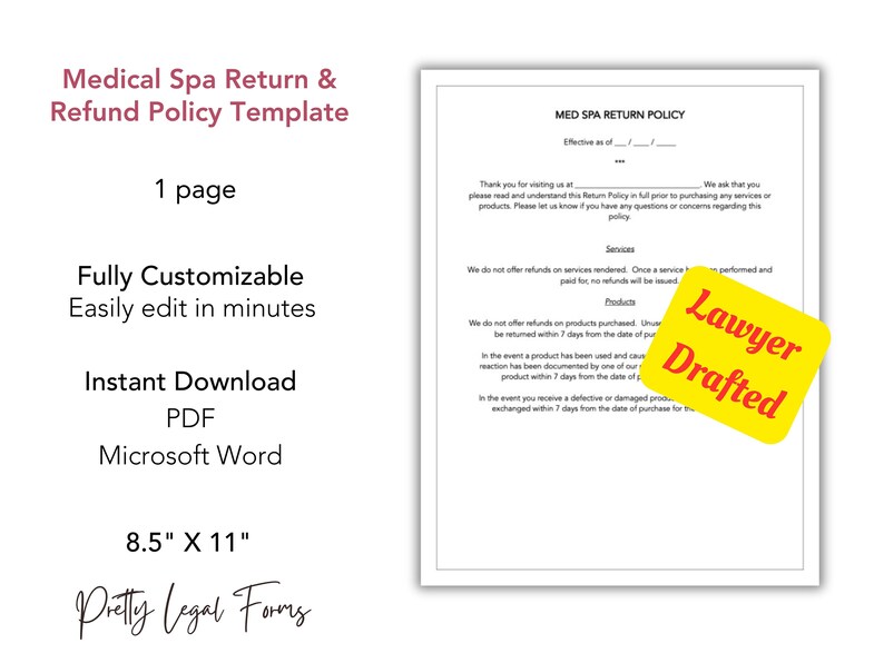 Medical Spa Return Policy, Med Spa Refund Policy, Medical Spa Template