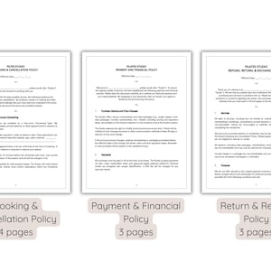 Puede incluir: Tres documentos blancos con texto negro que detallan las pol&iacute;ticas del estudio de Pilates. Los documentos se titulan "Pol&iacute;tica de reserva y cancelaci&oacute;n", "Pol&iacute;tica de pago y financiera" y "Pol&iacute;tica de devoluci&oacute;n y reembolso".