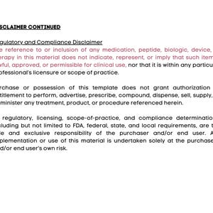 May include: A document with the title "DISCLAIMER CONTINUED" and a regulatory and compliance disclaimer. The text states that the material does not represent or imply that any item is lawful or approved for clinical use. It also mentions the purchaser's responsibility.