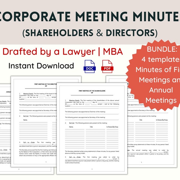 Corporate Meeting Minutes | Shareholder First and Annual Meeting Minutes | Directors First & Annual Meeting Minutes | Corporation Templates