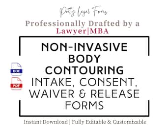 Könnte beinhalten: Schwarz-weißer Text auf weißem Hintergrund mit einer rosa und schwarzen Titelleiste. Der Text lautet "Pretty Legal Forms" und "Professionally Drafted by a Lawyer|MBA". Der Haupttext lautet "NON-INVASIVE BODY CONTOURING INTAKE, CONSENT, WAIVER & RELEASE FORMS". Die Texte "DOC" und "PDF" befinden sich in blauen bzw. roten Kästchen. Der Text "Instant Download | Fully Editable & Customizable" befindet sich am unteren Rand des Bildes.
