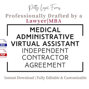 Puede incluir: Texto en blanco y negro sobre un fondo blanco. El texto dice "Pretty Legal Forms" "Profesionalmente redactado por un abogado | MBA" "MEDICAL ADMINISTRATIVE VIRTUAL ASSISTANT INDEPENDENT CONTRACTOR AGREEMENT" "Descarga instantánea | Totalmente editable y personalizable".