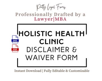 Op de afbeelding: Een witte afbeelding met de tekst "HOLISTIC HEALTH CLINIC DISCLAIMER & WAIVER FORM". De tekst is zwart, met de woorden "Pretty Legal Forms" bovenaan. Bevat DOC- en PDF-pictogrammen.