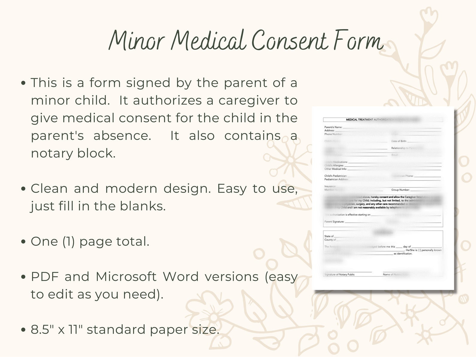 Medical Consent Form for Minor Child Template, Babysitter Medical