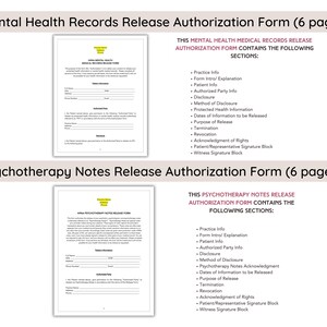 May include: Two pages of a document titled "Mental Health Records Release Authorization Form" and "Psychotherapy Notes Release Authorization Form". Both forms contain a list of sections included in the forms.