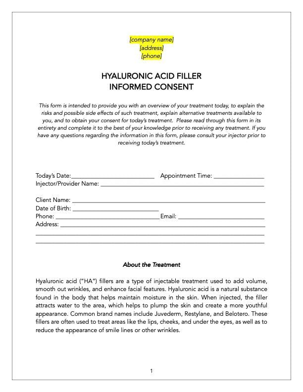 Hyaluronic Acid Consent Form, HA Dermal Filler Informed Consent ...
