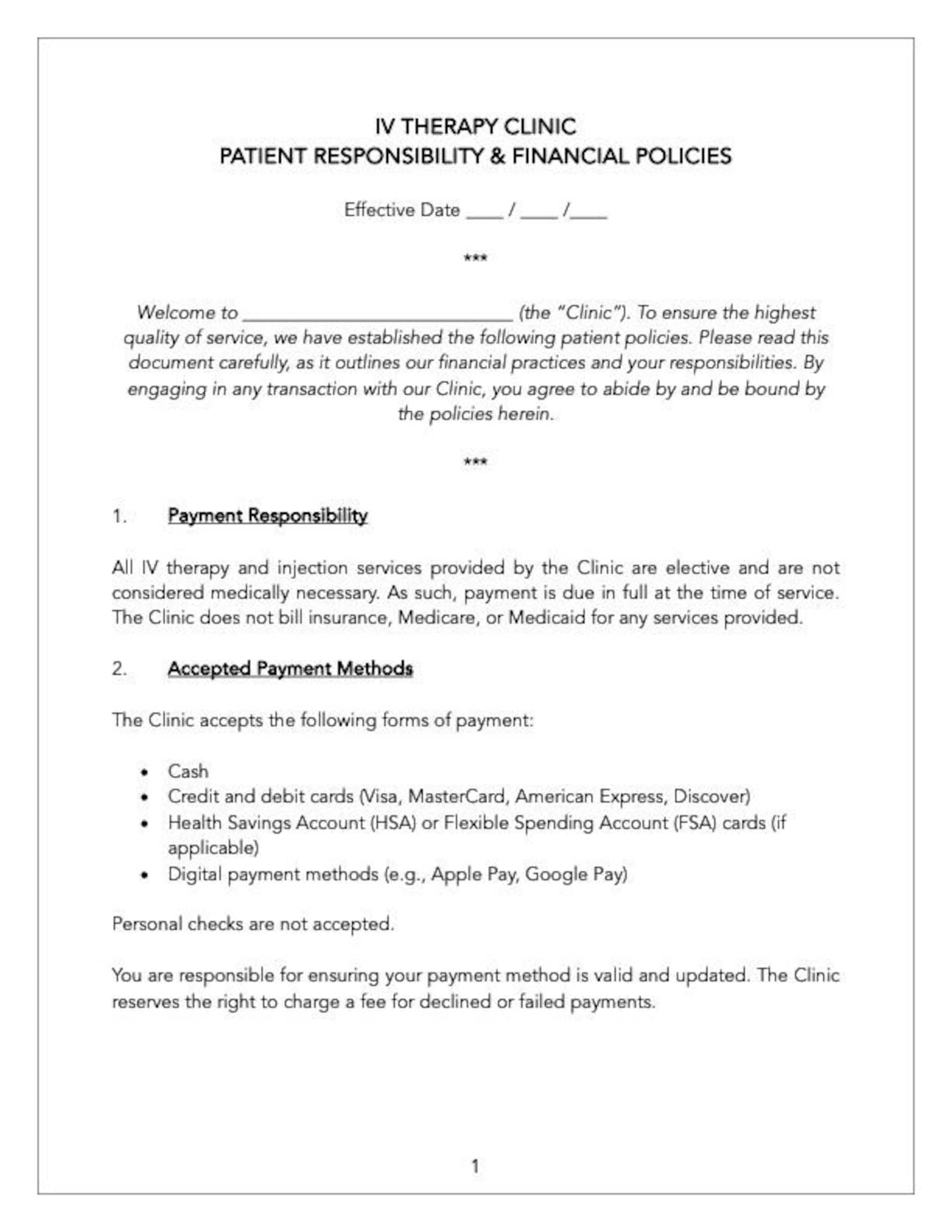 IV Drip Clinic Patient Policies IV Therapy Financial and Payment Policy ...