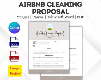 May include: A printable Airbnb cleaning proposal template in a light gray and white color scheme. The template includes a title, "Airbnb Cleaning Proposal", and sections for general information, cleaning location, and pricing. The template is available in PDF, Word, and Canva formats.