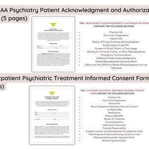 May include: Two pages of a HIPAA Psychiatry Patient Acknowledgment and Authorization form and an Outpatient Psychiatric Treatment Informed Consent form. Both forms contain sections with headings and bullet points outlining the information included in the forms.