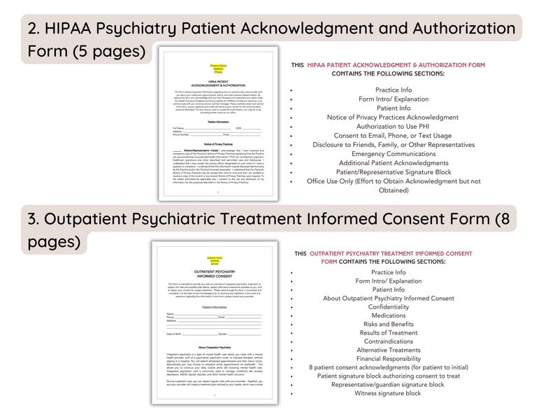 May include: Two pages of a HIPAA Psychiatry Patient Acknowledgment and Authorization form and an Outpatient Psychiatric Treatment Informed Consent form. Both forms contain sections with headings and bullet points outlining the information included in the forms.