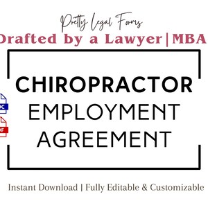Op de afbeelding: Een zwart-wit afbeelding met een rood en blauw pictogram van een document. De tekst "Pretty Legal Forms" is in roze. De tekst "Drafted by a Lawyer | MBA" is in roze. De tekst "CHIROPRACTOR EMPLOYMENT AGREEMENT" is in zwart. De tekst "Instant Download | Fully Editable & Customizable" is in zwart.