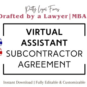 Könnte beinhalten: Eine schwarz-weiße Grafik mit dem Text "Pretty Legal Forms" in Rosa, "Drafted by a Lawyer | MBA" in Rosa, "VIRTUAL ASSISTANT SUBCONTRACTOR AGREEMENT" in Schwarz und "Instant Download | Fully Editable & Customizable" in Schwarz. Die Grafik enthält auch Symbole für eine DOC- und eine PDF-Datei.