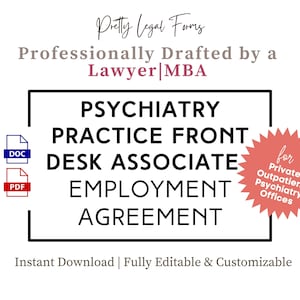 Könnte beinhalten: Ein Schwarzweißbild eines Dokuments mit dem Titel "Psychiatry Practice Front Desk Associate Employment Agreement" mit den Worten "Pretty Legal Forms" und "Professionally Drafted by a Lawyer MBA" oben. Das Dokument ist in den Formaten DOC und PDF verfügbar. Ein roter Stern mit dem Text "for Private Outpatient Psychiatry Offices" befindet sich in der unteren rechten Ecke.