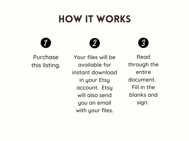 May include: A three-step guide on how to purchase, download, and complete a printable document. The steps are numbered 1, 2, and 3. Step 1: Purchase this listing. Step 2: Your files will be available for instant download in your Etsy account. Etsy will also send you an email with your files. Step 3: Read through the entire document. Fill in the blanks and sign.