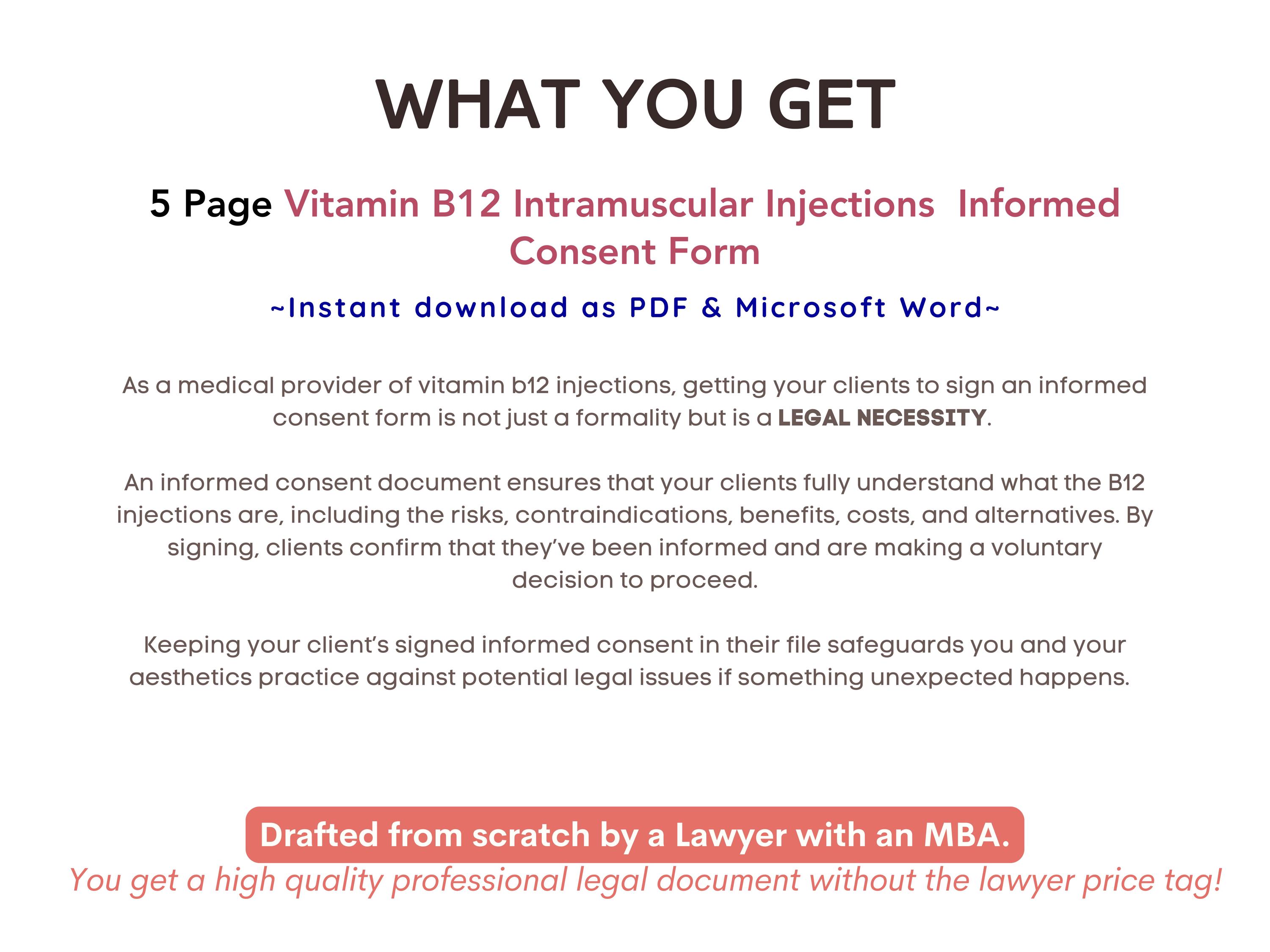 b12 injection consent form Vitamin B12 Shot Consent Form B-12 IM Injection Informed Consent Template  IV Therapy Vitamin Infusion Aesthetic Injectables Intake Med Spa