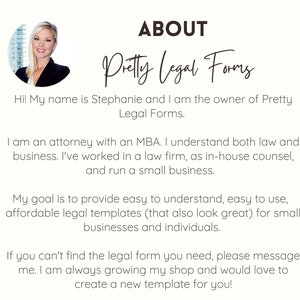 May include: A woman smiles and looks at the camera. The text "ABOUT" is at the top of the image. The text "Pretty Legal Forms" is in a handwritten font. The text "Hi! My name is Stephanie and I am the owner of Pretty Legal Forms." is below the handwritten text. The text continues with information about Stephanie's background and the services she offers.