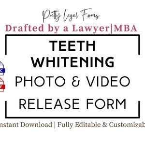 Könnte beinhalten: Eine schwarz-weiße Grafik mit dem Text "Pretty Legal Forms" in Rosa, "Drafted by a Lawyer | MBA" in Rosa, "TEETH WHITENING PHOTO & VIDEO RELEASE FORM" in Schwarz und "Instant Download | Fully Editable & Customizable" in Grau. Die Grafik enthält auch Symbole für eine DOC- und eine PDF-Datei.