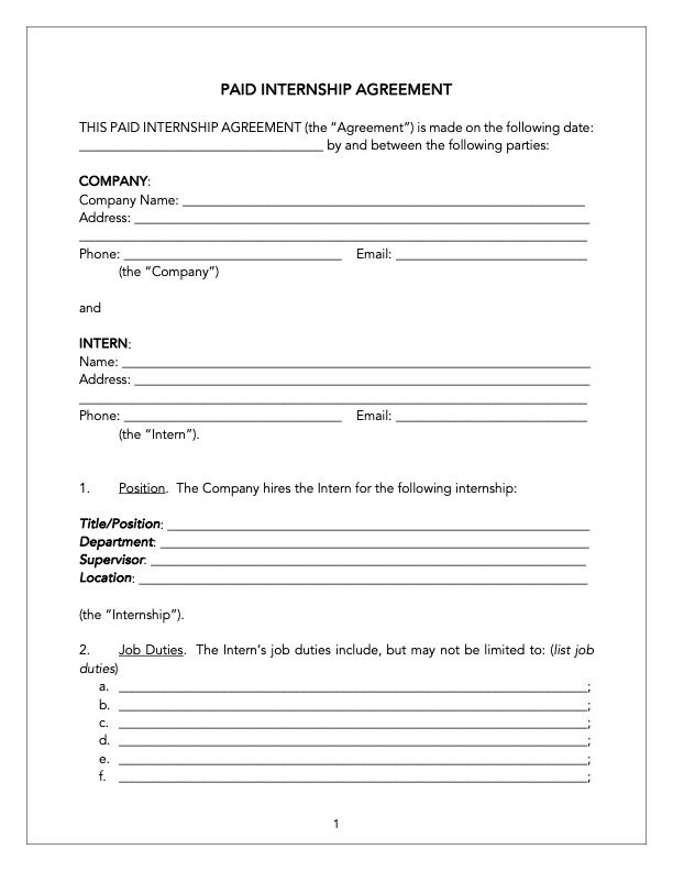Paid Internship Contract Template Intern Employment Agreement Student