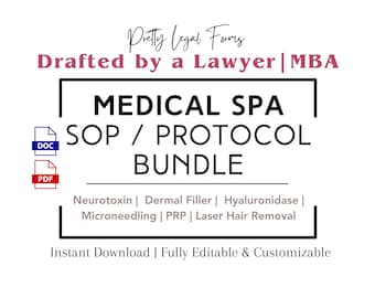 Pode incluir: Um download digital de um pacote de SOP e protocolo de spa médico. O pacote inclui protocolos para neurotoxina, preenchimento dérmico, hialuronidase, microneedling, PRP e remoção de pelos a laser. O documento é redigido por um advogado e é totalmente editável e personalizável. O documento está disponível nos formatos DOC e PDF.