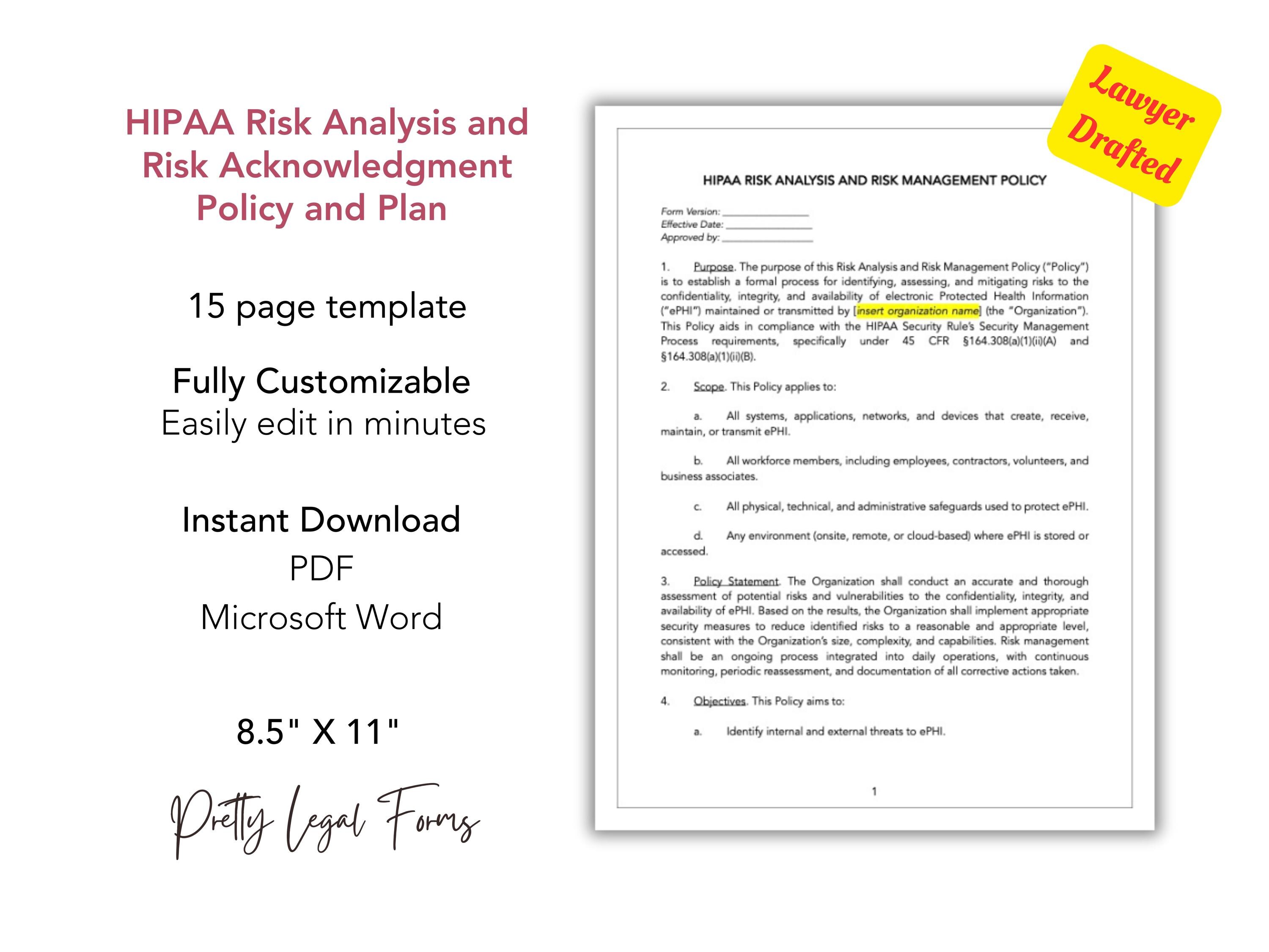 HIPAA Risk Analysis and Risk Acknowledgment Policy and Plan Template ...