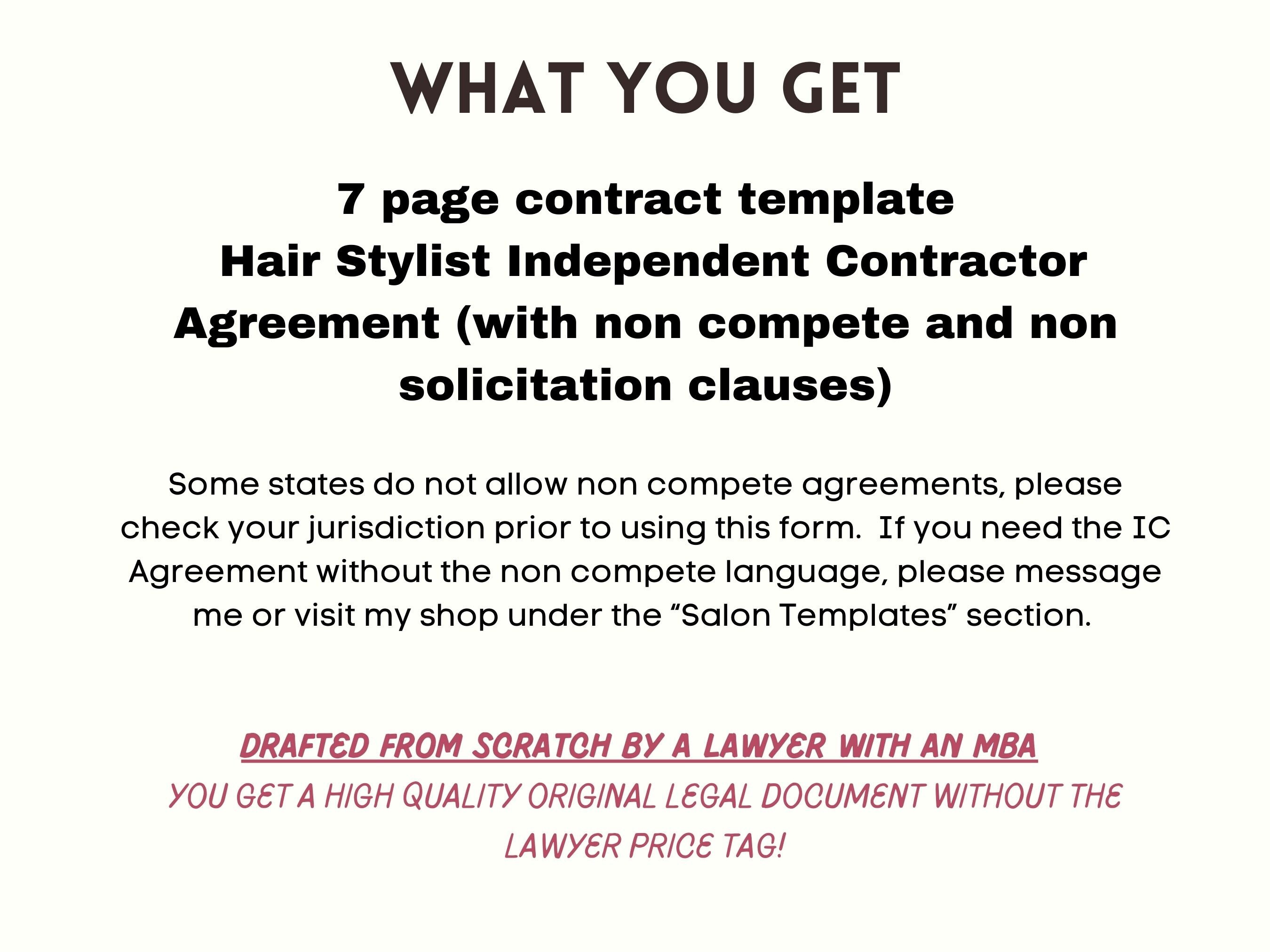 Hair Stylist Independent Contractor Agreement With Non Compete and Non