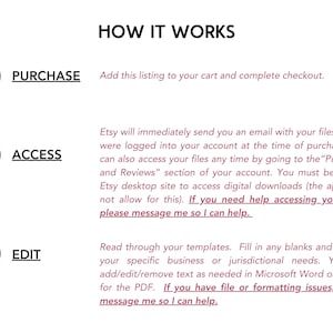 May include: A diagram with three steps explaining how to purchase, access, and edit digital files on Etsy. The steps are numbered 1, 2, and 3. The text includes the words "Purchase", "Access", and "Edit".