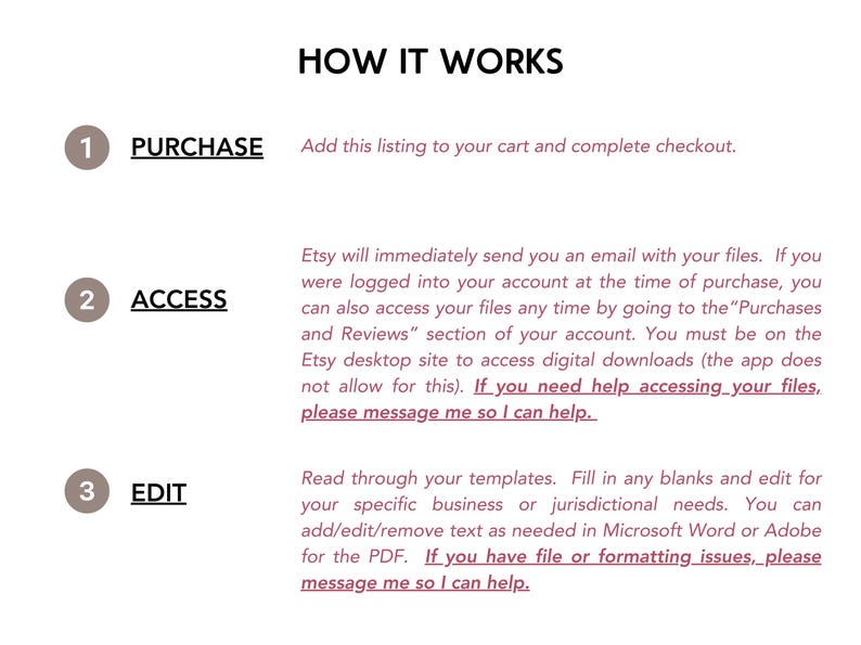 May include: A diagram with three steps explaining how to purchase, access, and edit digital files on Etsy. The steps are numbered 1, 2, and 3. The text includes the words "Purchase", "Access", and "Edit".