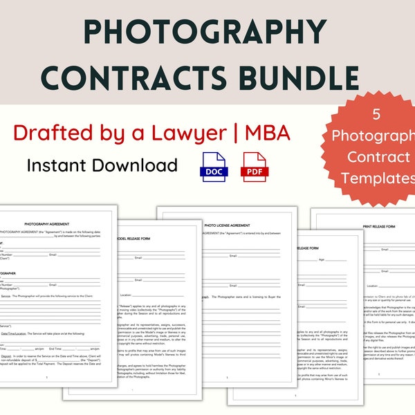 Photography Agreement Bundle | Contract Templates for Photographers | Photo Session Agreement, Model Releases, Print Release, Photo License