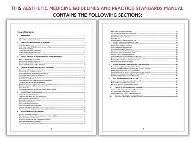 May include: A black and white table of contents for an Aesthetic Medicine Guidelines and Practice Standards Manual. The manual contains sections on introduction, scope of practice for aesthetic providers, medical directors in aesthetic medicine, ethical responsibilities of aesthetic providers, confidentiality requirements, regulatory & legal requirements, clinical guidelines and patient care, general guidelines for clinical support and protocols, post treatment and follow up care, practice operations & quality assurance, and emerging trends & future developments.