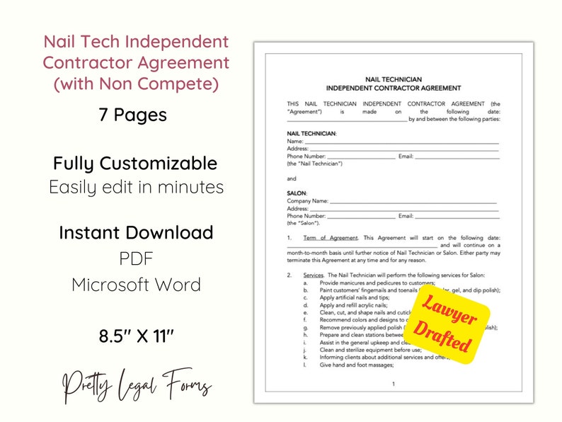 Nail Tech Independent Contractor Agreement With Non Compete and Non